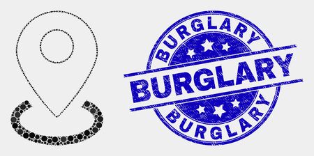Dot map marker placement mosaic icon and Burglary stamp. Blue vector rounded grunge seal with Burglary caption. Vector composition in flat style.のイラスト素材