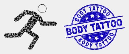 Dotted running man mosaic icon and Body Tattoo seal stamp. Blue vector rounded grunge seal stamp with Body Tattoo title. Vector composition in flat style.のイラスト素材