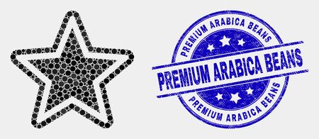Dot star mosaic icon and Premium Arabica Beans seal stamp. Blue vector rounded distress seal stamp with Premium Arabica Beans caption. Vector combination in flat style.のイラスト素材