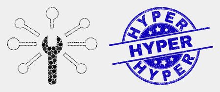 Pixelated wrench links mosaic pictogram and Hyper seal stamp. Blue vector round textured seal stamp with Hyper title. Vector collage in flat style.のイラスト素材