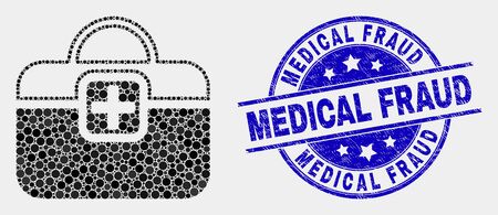 Dotted first-aid case mosaic icon and Medical Fraud seal stamp. Blue vector round scratched seal with Medical Fraud text. Vector collage in flat style.のイラスト素材