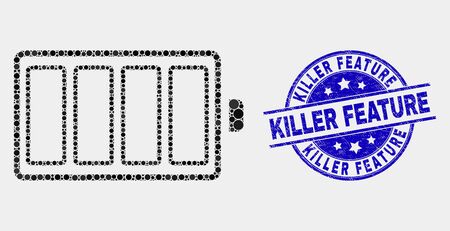 Dotted electric battery mosaic icon and Killer Feature stamp. Blue vector round scratched seal with Killer Feature title. Vector combination in flat style.のイラスト素材