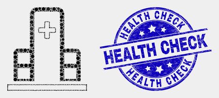Pixelated clinic building mosaic pictogram and Health Check seal. Blue vector round grunge seal with Health Check phrase. Vector combination in flat style.のイラスト素材