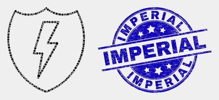 Dotted electric shield mosaic pictogram and Imperial seal stamp. Blue vector rounded textured seal stamp with Imperial text. Vector collage in flat style.のイラスト素材