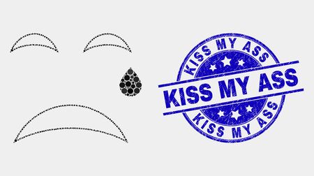 Dotted tear smiley mosaic pictogram and Kiss My Ass seal stamp. Blue vector round scratched seal stamp with Kiss My Ass message. Vector combination in flat style.のイラスト素材