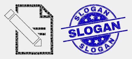 Pixelated edit text page mosaic icon and Slogan seal stamp. Blue vector rounded textured stamp with Slogan message. Vector combination in flat style.のイラスト素材