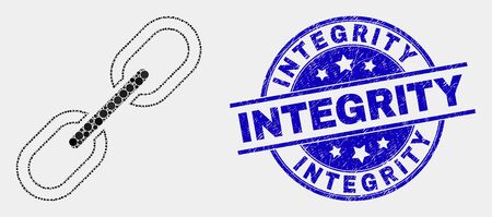 Pixelated chain mosaic pictogram and Integrity seal stamp. Blue vector rounded distress stamp with Integrity title. Vector collage in flat style. Black isolated chain mosaic of random dots,のイラスト素材