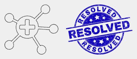 Pixel medical links mosaic pictogram and Resolved seal stamp. Blue vector round distress seal stamp with Resolved phrase. Vector collage in flat style.のイラスト素材