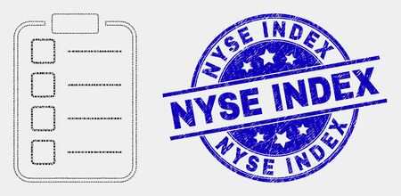Pixelated list items pad mosaic icon and Nyse Index seal. Blue vector round grunge seal with Nyse Index text. Vector composition in flat style.のイラスト素材