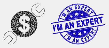 Pixel wrench repair price mosaic icon and IM an Expert stamp. Blue vector round distress stamp with IM an Expert text. Vector collage in flat style.のイラスト素材