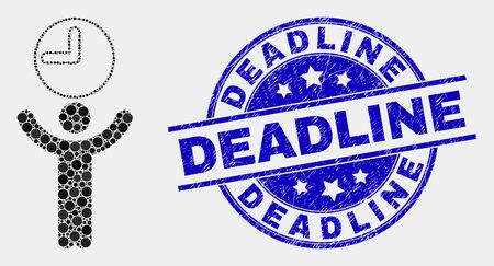 Pixel time manager mosaic pictogram and Deadline stamp. Blue vector rounded scratched seal stamp with Deadline caption. Vector combination in flat style.のイラスト素材