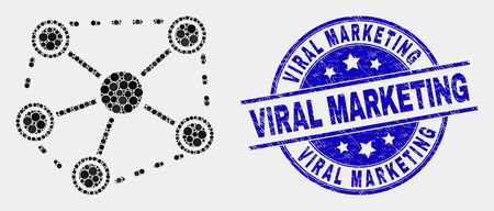 Pixel links mosaic icon and Viral Marketing seal stamp. Blue vector round grunge stamp with Viral Marketing title. Vector combination in flat style. Black isolated links mosaic of randomized circles,のイラスト素材
