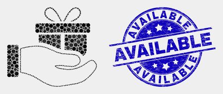Dot gift hand mosaic pictogram and Available seal stamp. Blue vector round scratched seal stamp with Available message. Vector combination in flat style.のイラスト素材