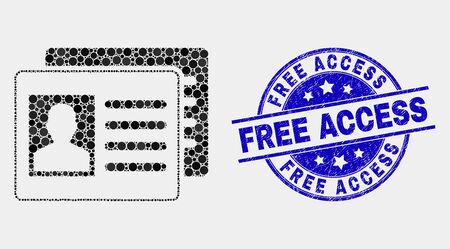 Dot user id cards mosaic pictogram and Free Access stamp. Blue vector round distress seal with Free Access title. Vector collage in flat style. Black isolated user id cards mosaic of randomized dots,のイラスト素材