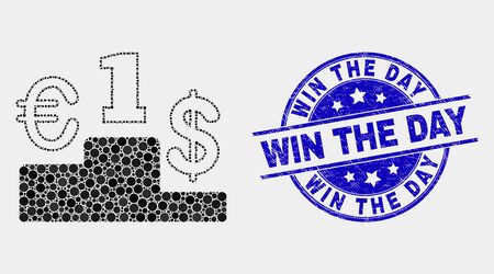 Pixelated currency pedestal mosaic pictogram and Win the Day seal. Blue vector rounded scratched seal stamp with Win the Day message. Vector composition in flat style.のイラスト素材
