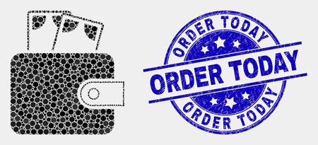 Pixelated cash purse mosaic pictogram and Order Today watermark. Blue vector rounded textured watermark with Order Today title. Vector combination in flat style.のイラスト素材
