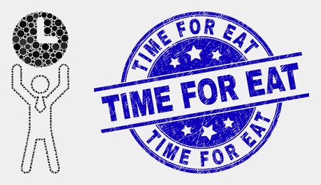 Dot time manager mosaic icon and Time for Eat seal stamp. Blue vector round textured seal with Time for Eat title. Vector collage in flat style. Black isolated time manager mosaic of random circles,のイラスト素材