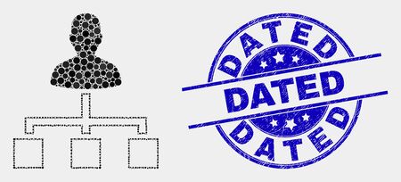 Dot user links mosaic pictogram and Dated seal. Blue vector rounded distress seal with Dated text. Vector combination in flat style. Black isolated user links mosaic of random spheres, and Dated seal.のイラスト素材