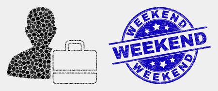 Dot user case mosaic icon and Weekend seal stamp. Blue vector round scratched seal stamp with Weekend text. Vector combination in flat style. Black isolated user case illustration of randomized dots,のイラスト素材
