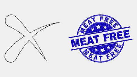 Dotted erase mosaic pictogram and Meat Free seal stamp. Blue vector round grunge seal stamp with Meat Free phrase. Vector combination in flat style. Black isolated erase mosaic of random dots,のイラスト素材