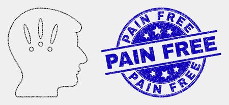 Pixelated headache mosaic icon and Pain Free seal stamp. Blue vector rounded grunge watermark with Pain Free caption. Vector combination in flat style.のイラスト素材