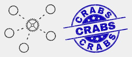 Pixelated gear links mosaic icon and Crabs stamp. Blue vector round grunge stamp with Crabs message. Vector collage in flat style. Black isolated gear links mosaic of randomized circles,のイラスト素材