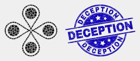 Dotted map markers mosaic pictogram and Deception stamp. Blue vector rounded scratched seal stamp with Deception message. Vector combination in flat style.のイラスト素材