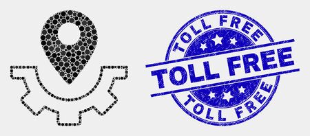 Dotted service map marker mosaic pictogram and Toll Free seal stamp. Blue vector rounded distress seal stamp with Toll Free title. Vector combination in flat style.のイラスト素材