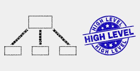 Dot hierarchy links mosaic pictogram and High Level stamp. Blue vector round grunge seal stamp with High Level message. Vector composition in flat style.のイラスト素材