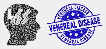 Dotted migraine head mosaic pictogram and Venereal Disease seal stamp. Blue vector rounded distress seal stamp with Venereal Disease caption. Vector combination in flat style.のイラスト素材