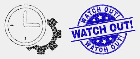 Dot time settings gear mosaic pictogram and Watch Out! seal. Blue vector round grunge stamp with Watch Out! caption. Vector combination in flat style.のイラスト素材