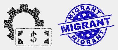 Dot financial settings gear mosaic pictogram and Migrant seal stamp. Blue vector round grunge stamp with Migrant message. Vector composition in flat style.のイラスト素材