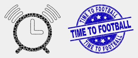Dot alarm clock mosaic pictogram and Time to Football stamp. Blue vector round scratched seal stamp with Time to Football message. Vector collage in flat style.のイラスト素材