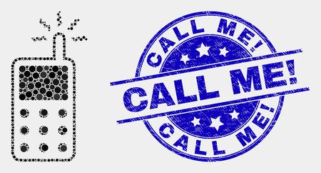 Dotted cell phone mosaic icon and Call Me! seal stamp. Blue vector rounded distress seal stamp with Call Me! title. Vector combination in flat style.のイラスト素材