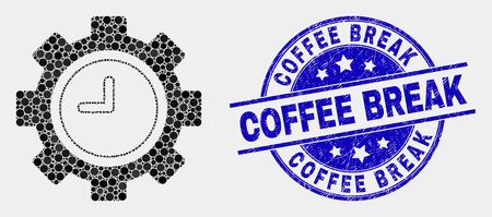 Dotted clock settings gear mosaic icon and Coffee Break seal stamp. Blue vector rounded grunge seal with Coffee Break message. Vector combination in flat style.のイラスト素材