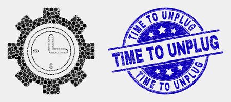 Pixelated clock setup wheel mosaic icon and Time to Unplug seal stamp. Blue vector round scratched seal stamp with Time to Unplug message. Vector composition in flat style.のイラスト素材