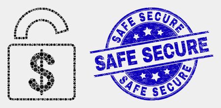 Dot bank lock mosaic pictogram and Safe Secure seal stamp. Blue vector round textured seal stamp with Safe Secure text. Vector combination in flat style.のイラスト素材