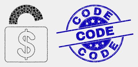 Pixelated bank lock mosaic icon and Code stamp. Blue vector rounded distress stamp with Code title. Vector combination in flat style. Black isolated bank lock mosaic of scattered dots, and Code stamp.のイラスト素材