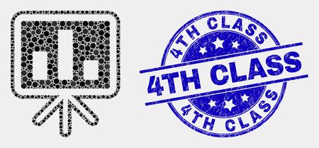 Pixel bar chart presentation mosaic icon and 4Th Class stamp. Blue vector round grunge seal stamp with 4Th Class text. Vector collage in flat style.のイラスト素材