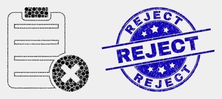 Pixelated delete report page mosaic icon and Reject seal stamp. Blue vector rounded grunge watermark with Reject title. Vector composition in flat style.のイラスト素材