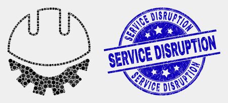 Pixel development helmet mosaic icon and Service Disruption seal stamp. Blue vector rounded distress seal stamp with Service Disruption text. Vector composition in flat style.のイラスト素材