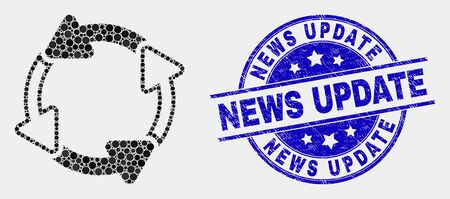 Dot circulation arrows mosaic icon and News Update seal. Blue vector rounded scratched seal stamp with News Update message. Vector composition in flat style.のイラスト素材