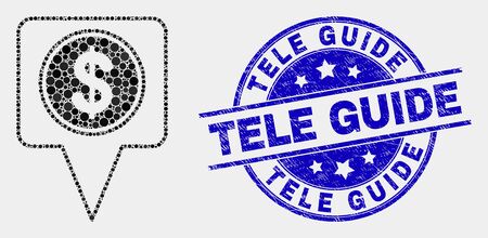 Dot dollar map marker mosaic icon and Tele Guide seal. Blue vector rounded textured seal stamp with Tele Guide caption. Vector composition in flat style.のイラスト素材