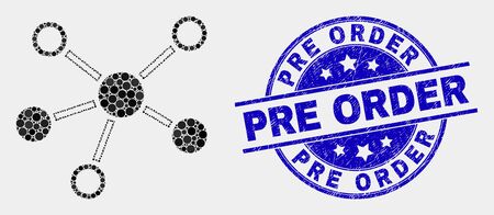 Pixelated connections mosaic icon and Pre Order seal stamp. Blue vector rounded grunge seal stamp with Pre Order text. Vector composition in flat style.のイラスト素材