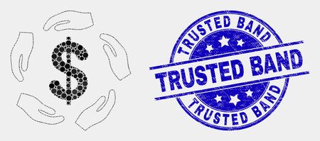 Pixelated dollar care hands mosaic icon and Trusted Band seal stamp. Blue vector rounded textured seal stamp with Trusted Band caption. Vector composition in flat style.のイラスト素材