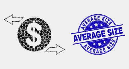 Dot dollar exchange arrows mosaic icon and Average Size seal. Blue vector rounded grunge seal stamp with Average Size message. Vector collage in flat style.のイラスト素材