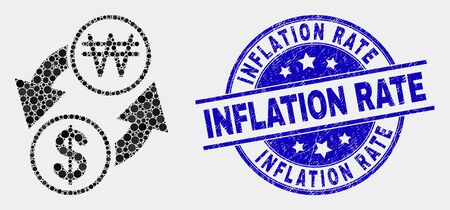 Dotted dollar exchange korean won mosaic icon and Inflation Rate stamp. Blue vector rounded distress seal stamp with Inflation Rate phrase. Vector combination in flat style.のイラスト素材