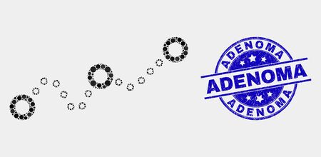 Pixel dotted chart mosaic icon and Adenoma stamp. Blue vector rounded grunge seal stamp with Adenoma text. Vector collage in flat style. Black isolated dotted chart mosaic of random dots,のイラスト素材