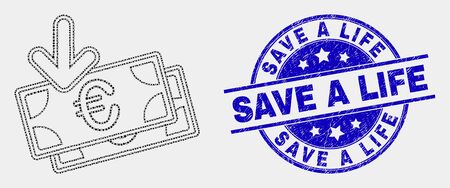 Pixel euro banknotes income mosaic pictogram and Save a Life seal stamp. Blue vector round grunge seal stamp with Save a Life phrase. Vector composition in flat style.のイラスト素材