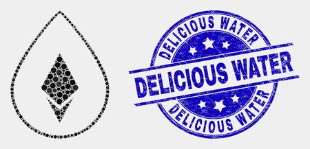 Dotted crystal drop mosaic pictogram and Delicious Water seal stamp. Blue vector round grunge stamp with Delicious Water phrase. Vector combination in flat style.のイラスト素材